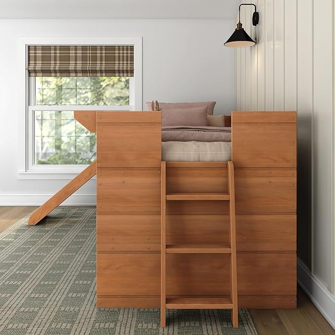 Max & Lily Loft Bed Twin Size, Solid Wood Low Loft Bed with Slide and Ladder, Modern Farmhouse Loft Bed for Kids, Farmhouse Pecan