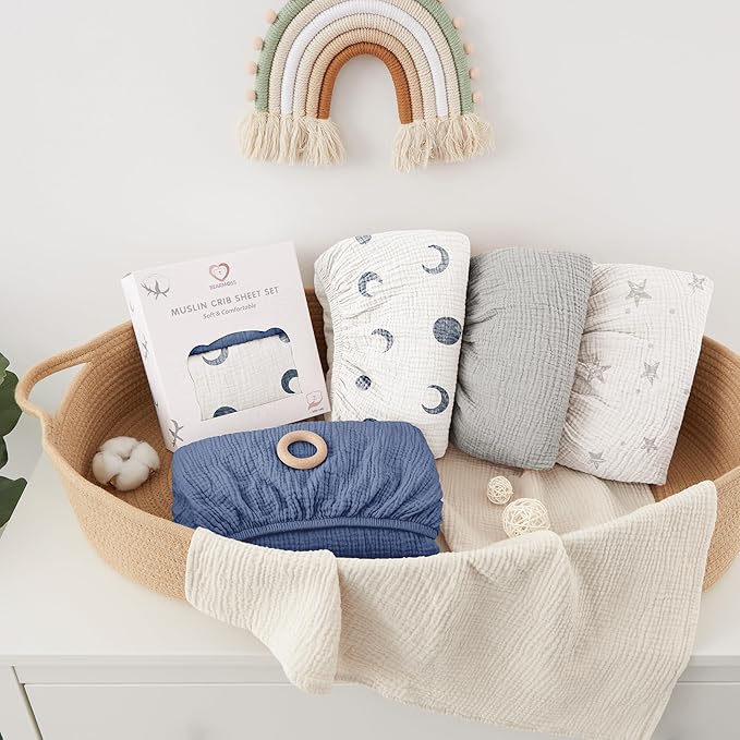 Bearmoss Muslin Crib Sheets 100% Cotton Baby Crib Sheets Soft&Breathable Nursery Sheet 52"x28" for Standard Crib Mattress&Toddler Bed Mattress - 2 Pack (Blue Crescent)