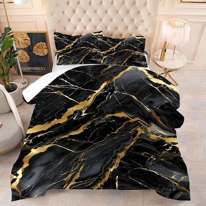 Black and Gold Comforter Set: Twin Size Black Marble Bedding Sets Abstract Marbling Quilts for Teens Kids Boys Modern Aesthetic Bed Set 1 Comforter & 1 Pillow Case