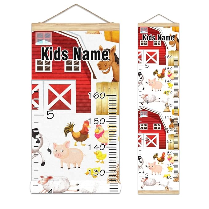 Personalized Kids Name Growth Chart Ruler for Wall Wood Frame Height Measure Chart 13.4x56 in Linen Hanging Height Growth Chart Farm Animals Horse Red Barn Kids Room Decor