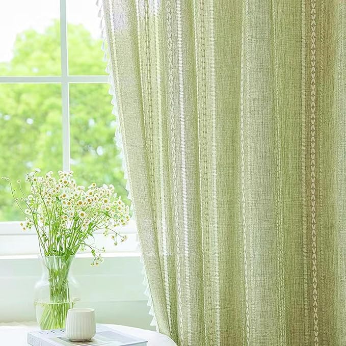 Deeprove Green Boho Curtains 108 Inches Long for Bedroom Living Room, Farmhouse Bohemian Embroidery Hollow Cotton Linen French Rustic Window Treatment Tassel Privacy Drape, W52 x L108 1 Panel