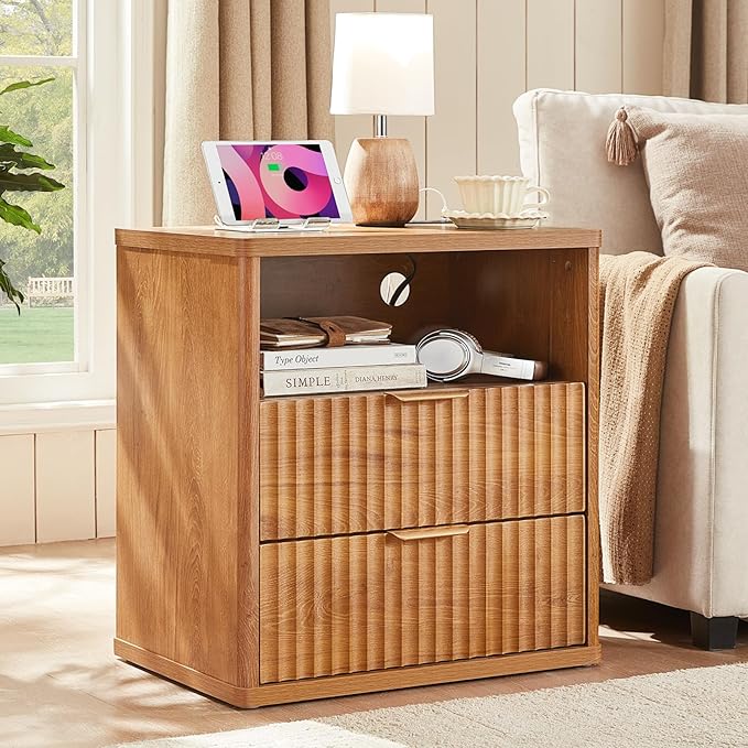 LEYAOYAO Fluted Nightstand with Charging Station, 23" Wide 2 Drawers End Table, Brown Night Stand with Open Storage Cabinet, Farmhouse Bed Side Tables, Wood Dresser for Bedroom, Living Room, Closet
