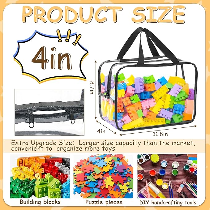 6 Packs Large Toy Storage Bags, Dual Zippers and Portable Handheld Design, Clear Waterproof Toy Organizer Bags with Labels, Board Game Storage for Building Blocks, Puzzle