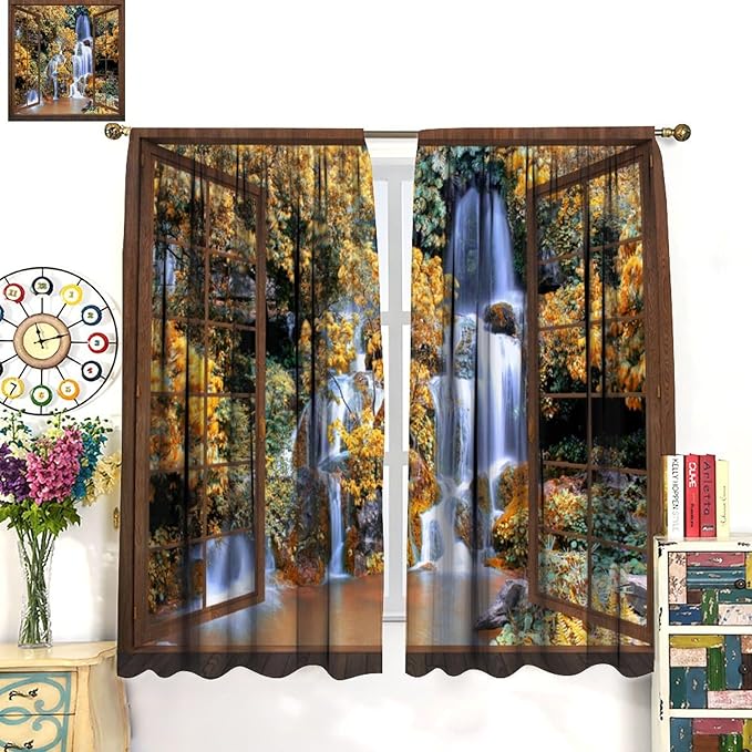 Waterfall Blackout Curtains, Waterfall Forest Landscape Wooden Window Print Pattern Window Drapes, for Bedroom Living Room 72" W X 63" L