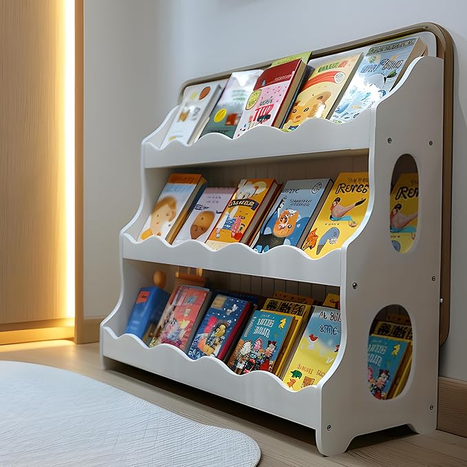 Kids Bookshelf Wooden Montessori Book Shelf Dutch Design 3Tier Scalloped,SnowfallWhite Gift