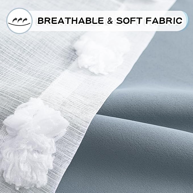 MYSKY HOME 72 Inches Long Curtains for Bedroom Dusty Blue Blackout Curtains Pom Pom White Sheer Curtains for Boys Room Double Layer Toddler Bedroom Grommet Room Darkening Window Panels 52 x 72 Inch