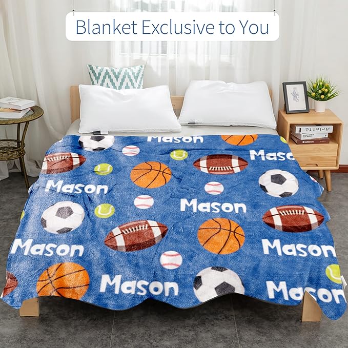 Personalized Ball Blanket with Name for Boys, Custom Kids Ball, Soft Flannel Toddler Customized Gift Birthday Christmas Baby Shower Newborn 30'' X 40'', 6-balls-blue