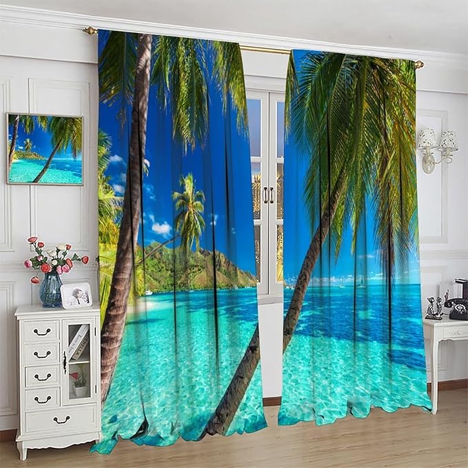 Ocean Beach Curtains,Sunshine and Beach Hawaiian Seaside Scene Pattern Blackout Print Home Bedroom Living Room Window Treatments 2 Panel Set 72x63 Inch