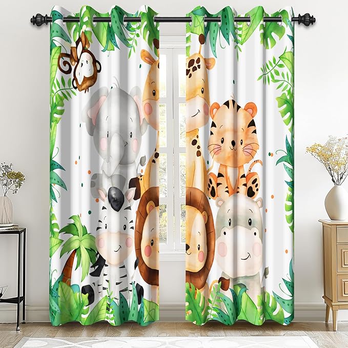 Renaiss 52 x 84 Inch Safari Animal Curtains for Kids Tropical Rainforest Lions Tigers Elephants Giraffes African Jungle Tree Green Leaf Print Window Drapes for Nursery Baby Bedroom Playroom 2 Panels