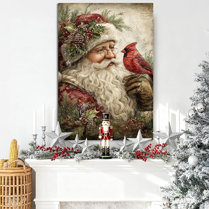 YONICA Christmas Canvas Wall Art Santa with Cardinal 12x18 Inch Vintage Style with Red Bird - Large Framed Gallery Wrapped Wildlife Art