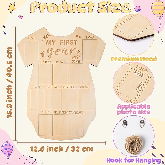 R HORSE My First Year Photo Display Wood Board, Baby’s First Year Picture Frame 12 Months Milestone Sign Bodysuit Shape 1st Birthday Photo Frame Baby Keepsake Board Nursery Decor Gift for Boy Girl