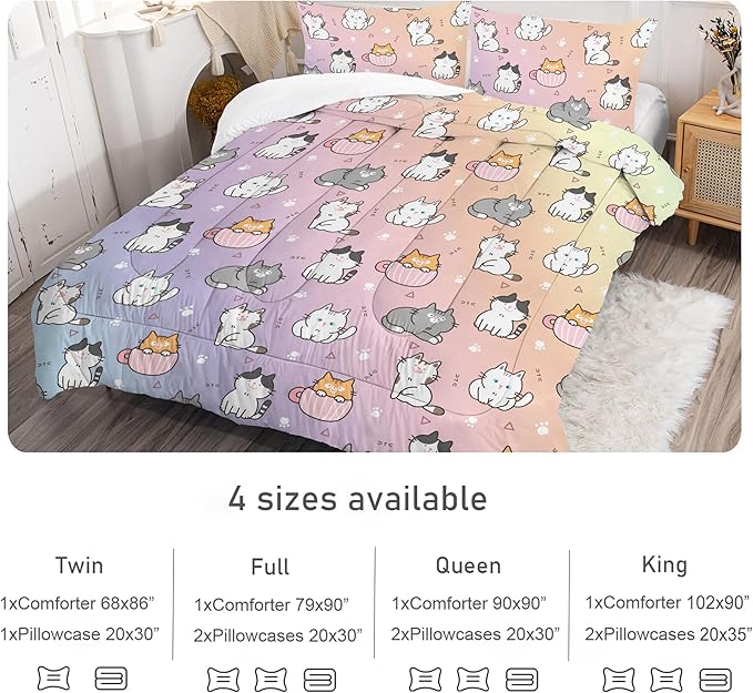 Girls Cat Comforter Set: Twin Size Cute Cats Bedding Set Cartoon Pet Kitten Rainbow Quilt for Kids Teens Boys Kawaii Gray White Kitty Bed Sets 1 Comforter & 1 Pillowcase