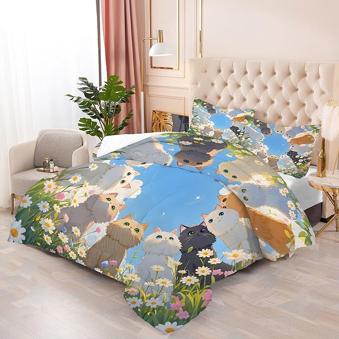 Floral Cat Bedding Set: King Size Cute Cats Comforter Set Daisy Kitten Blue Sky Quilt Kawaii Feline Flowers Animal Bed Set for Women Adults Teens Girls Room Decor 3 Piece