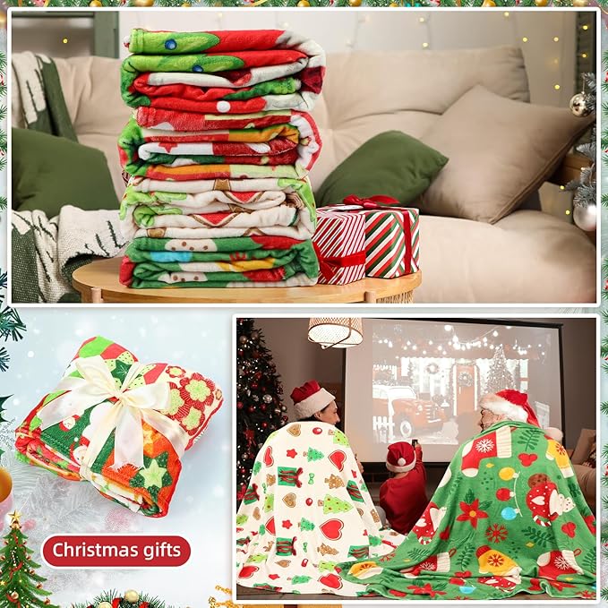 Buryeah 4 Pack Christmas Throw Blankets Bulk Snowmen, Santa Claus, Snowflakes, Xmas Tree Soft Cozy Lightweight Christmas Plush Flannel Blanket for Sofa, Couch, Home Decor Xmas Supplies, 50 x 60 Inch