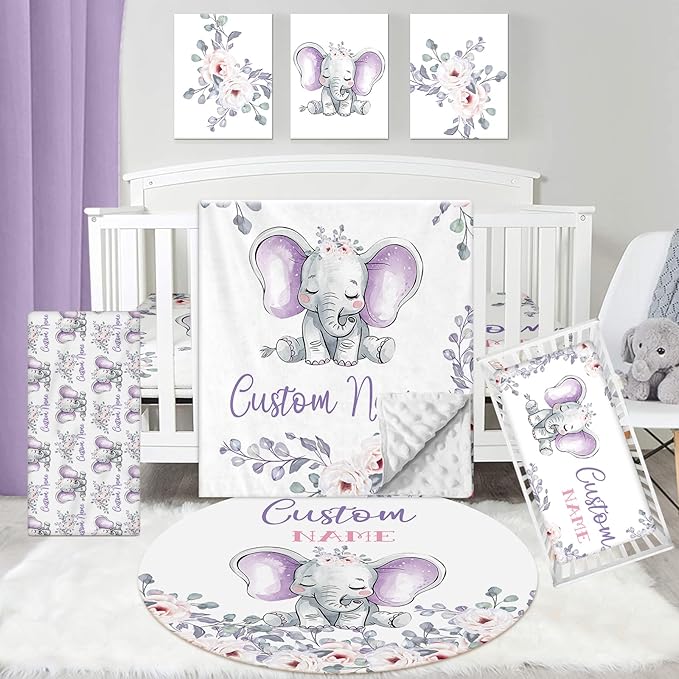 Personalized Baby Crib Bedding Set: 5 Piece Custom Gift Elephant Crib Bed Set with Name, Nursery Bedding Set for Baby Girls and Boys, Floral Crib Bedding Gifts