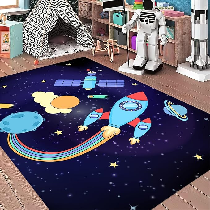 Outer Space Themed Rug,5x8ft,with Cartoon Planets,Stars and Rocket Design Rugs, Suitable for Playroom Bedroom Printed Rug, Non-Slip Machine Washable Carpet, Children's Room Decor