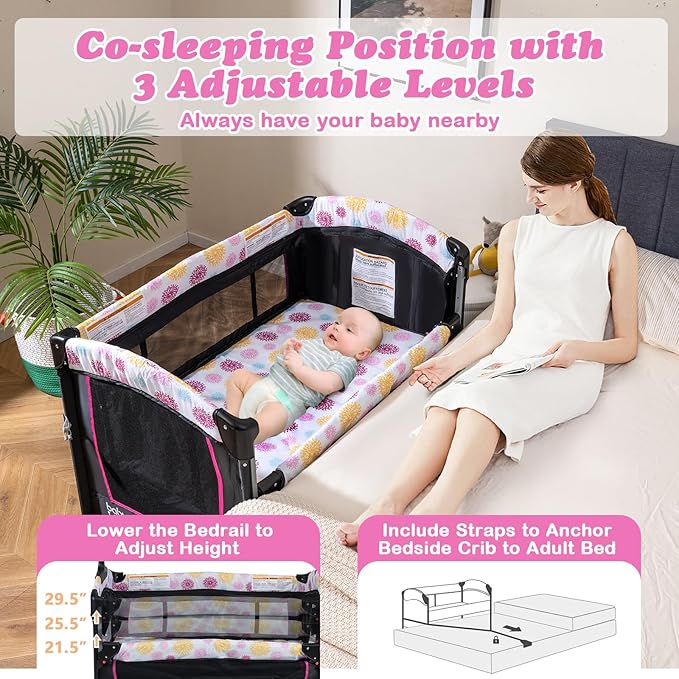 BABY JOY 4 in 1 Pink Pack and Play, Baby Bedside Sleeper with Bassinet, 3 Adjustable Heights, Music Box, Easy to Install, Foldable Bedside Crib w/Changing Table, Playards from Newborn to Toddlers Rose