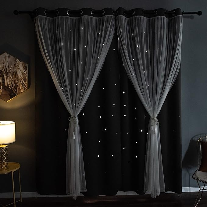 Kinryb Blackout Curtains for Girl Bedroom/Living Room/Classroom, Sheer Overlay 63 Inches 2 Panel Set, Double Layer Curtains with Star Cutout for Kids Room(W 52 x L 63 Inches,Grey 2 Pcs)
