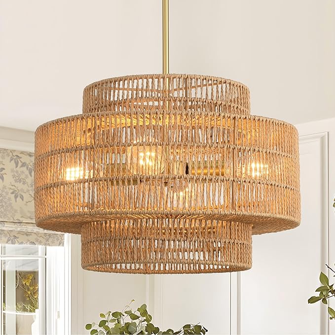 17.7”Boho Rattan Chandelier for Dining Room, 4-Light Hand Woven Pendant Light Fixture Farmhouse Rustic Ceiling Hanging for Kitchen Island Bedroom Living Room Nursery Foyer