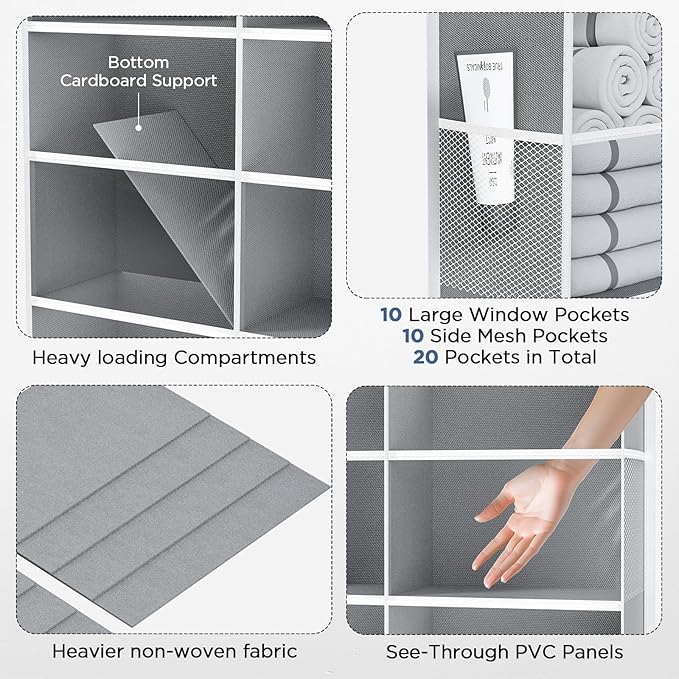 5-Tier Over The Door Organizer with 10 Side Mesh Pockets & Clear Windows, 80 lb Weight Capacity Hanging Storage for Bathroom, Bedroom, Nursery, Kitchen, Organizer Toys (Grey Clear wind 2 Pack)
