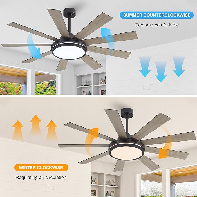 WINGBO 60" Ceiling Fan with Light - Large LED Dimmable Light, 6-Speed Remote Control, Reversible DC Motor, Modern Ceiling Fan 9 Blades for Bedroom, Living Room, Indoor Outdoor Black and Driftwood