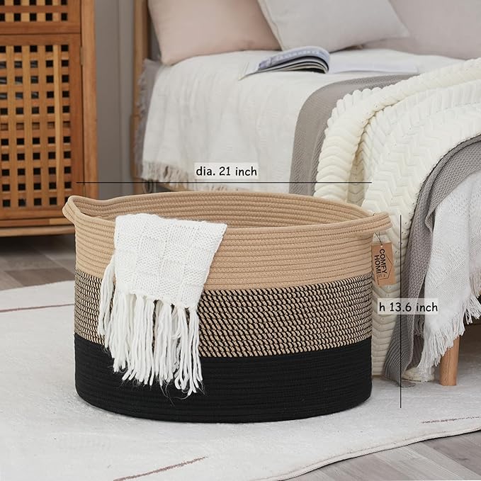 COMFY-HOMI XXXL Large Laundry Basket, Cotton Rope Nursery Woven Basket for Storage, Blanket Baskets Living Room Laundry Hamper, Dog Toy Storage Organizer, Home Decor-21''x21''x13.6''-Jute and Black