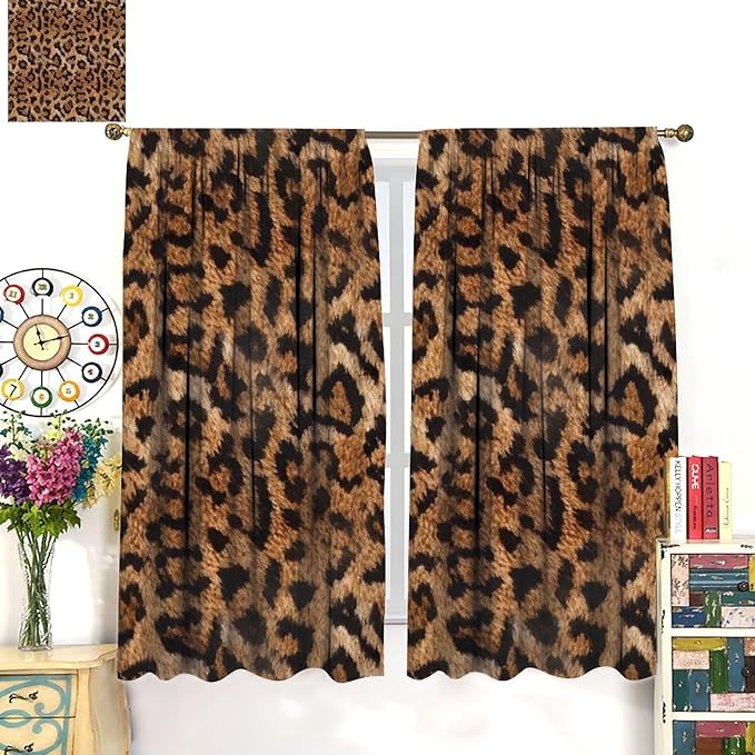 Leopard Print Window Curtains, Animal Fur Skin Brown Farmhouse Wild 3D Rustic Safari Theme Window Treatments for Kids Bedroom Living Room 72" W X 63" L