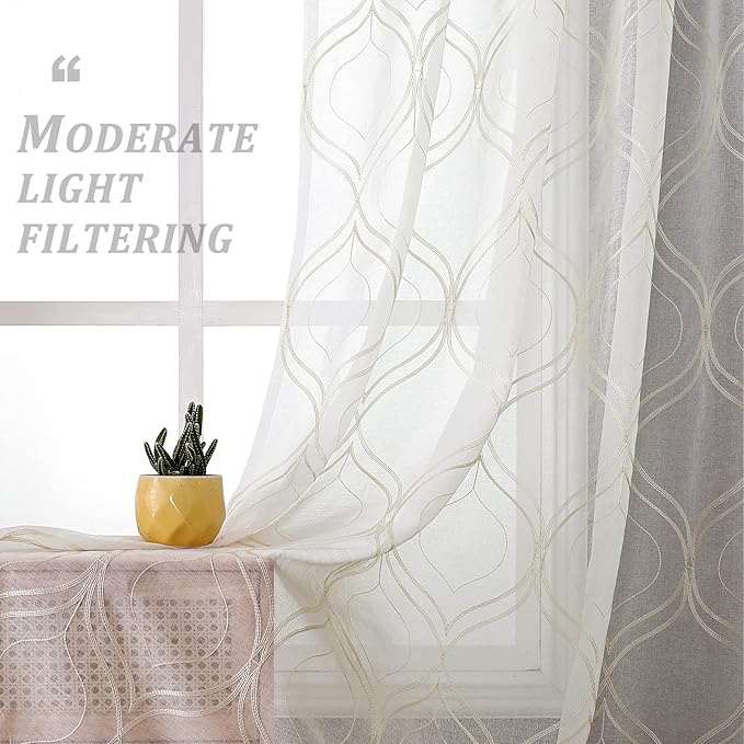 VISIONTEX White Sheer Curtains 63 Inch Length 2 Panels Set Beige Moroccan Embroidered Curtains Trellis French Textured Rod Pocket Voile Tulle Semi Window Drapes for Bedroom Living Room 54 x 63 Inches