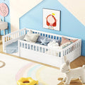 Bellemave Kids Montessori Floor Bed,Twin Size Floor Bed with High Fence and Door,Twin Bed Frame with Guardrails for Kids,Girls,Boys,Twin,White