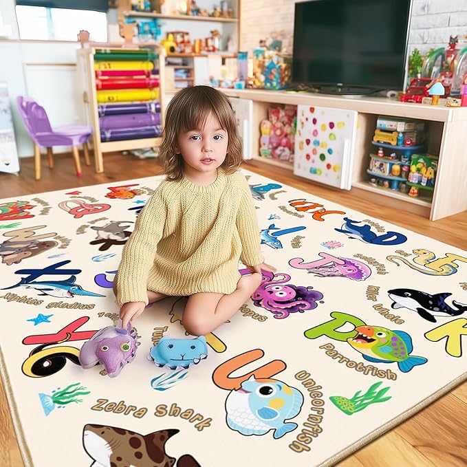 Kids Rugs for Playroom, 3x4 Feet Educational Rug for Learn The ABC Alphabet, Soft Machine Washable Non-Slip Cute Marine Organisms Carpet for Classroom Toddler Nursery Kids Room Decor, Beige