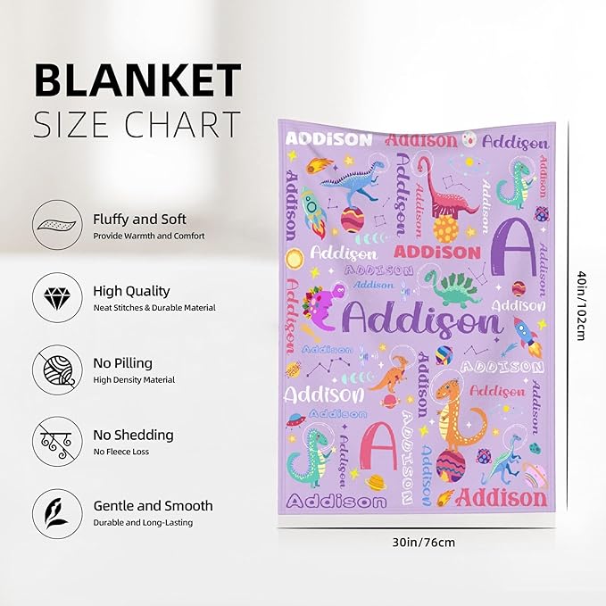 Personalized Dinosaur Lover Astronaut Gifts - Purple Baby Dinosaur Custom Blanket for Toddler Boys Girls - Super Soft Fuzzy Lightweight Flannel Throw Sheet Decor for Newborn Crib Nap Couch - 30" X 40"