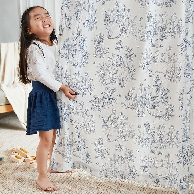 jinchan Linen Nursery Curtains 90 inch Long Woodland Wildlife Blue Print Drapes for Kid's Room Light Filtering French Country Farmhouse Curtains with Bunny and Forest Design Set of 2 Panels