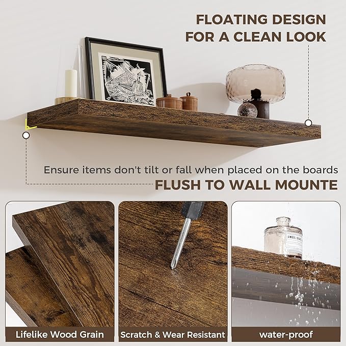 Fun Memories 24 x 12 Inch Deep Floating Shelves, 12 Inch Deep Rustic Wooden Book Shelf, Extra Deeper & Thicker Hanging Shelves for Living Room, Bathroom, Bedroom, Kitchen, Office, Set of 3 (Brown)