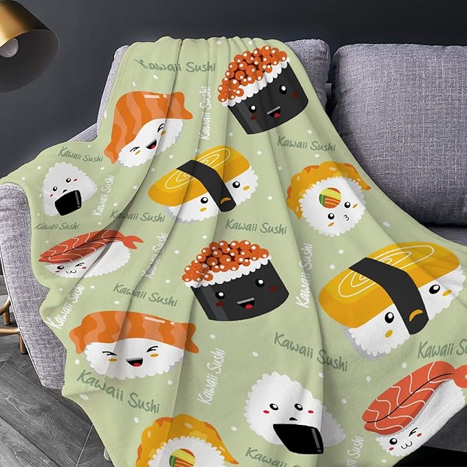 Thuswarm Cute Sushi Kawaii Flannel Throw Blanket Warm Cozy Soft Cartoon Food Print Blankets for Bed Couch Sofa Room Decoration Gifts 80”×60” Large for Adult