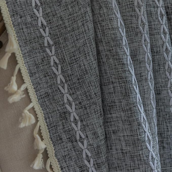 Deeprove Grey Boho Curtains 84 inches Length for Bedroom Living Room, Dark Coal Gray Bohemian 84 inches Long Embroidery Farmhouse Privacy Style Tassel Window Treatments, W52 x L84, 1 Panel