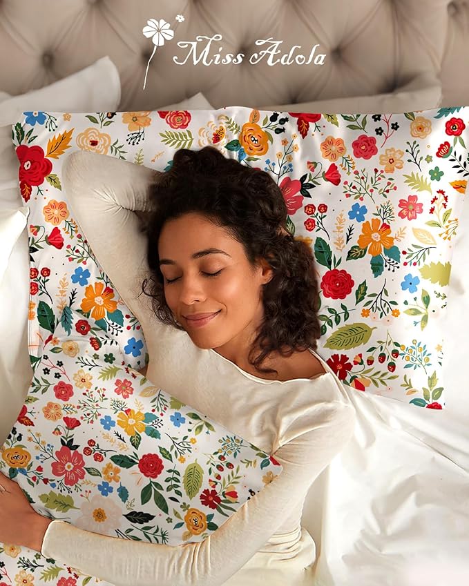 Silk Pillowcase 2 Pack - Pillow Cases 20" x 36" King Size Set of 2 for Hair and Skin Smooth Soft Breathable with Hidden Zipper Cooling Pillow Covers for Sleeping, Beige Floral
