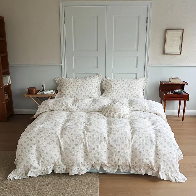 BuLuTu Cottage Chic Ruffled Duvet Cover Full, Blue Floral Quilt Cover 79"x90", 1 PC, Soft Muslin Cotton Comforter Cover Farmhouse Bedding Duvet Cover, No Comforter Insert/Pillowcase