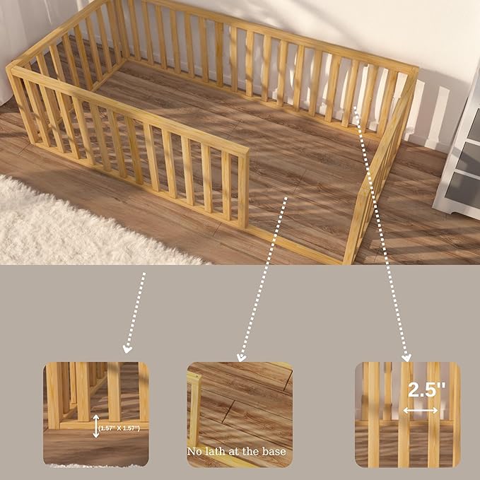 Montessori Floor Bed for Kids 39.4'' x 75.2'' Twin | Toodlers Floor Bed with Safety Guardrails | Pine Wood Baby Bed | Sturdy Wood Frame Bed for Girls and Boys (Twin, Height : 19 Inches)