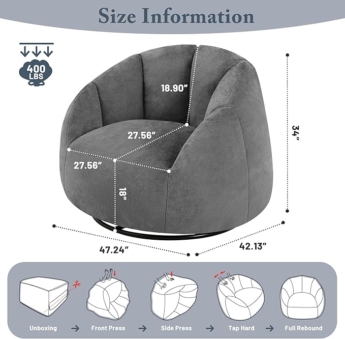 Giant Bean Bag Swivel Chair for Adults - Comfy Plush Round Shell Soft Accent Beanbag Chair, Oversized Cozy Floor Sofa Reading Chair for Living Room, Bedroom & Game Rooms, Gray