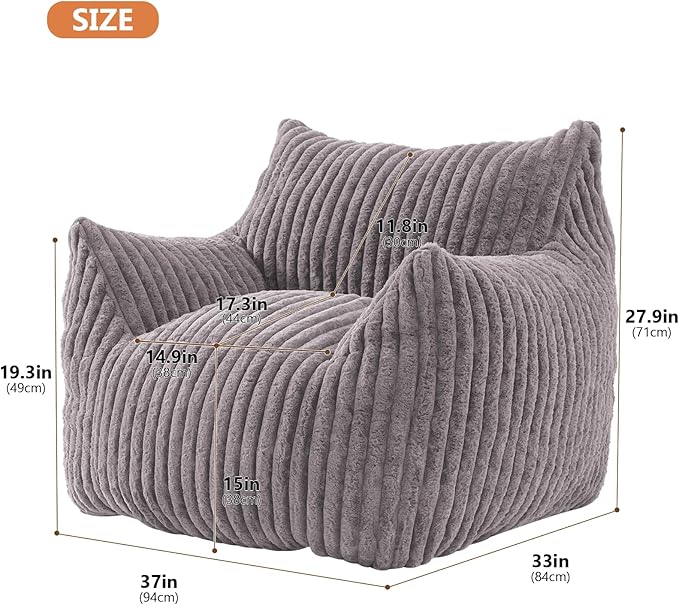 Giant Bean Bag Chairs for Adults with Filling Plush Fluffy Bean Bag Chairs for Teens with Armrests Comfy BeanBag Lazy Couch Sofa Chair for Bedroom Living Room Reading (Dark Gray2, M-for Teens/Adults)