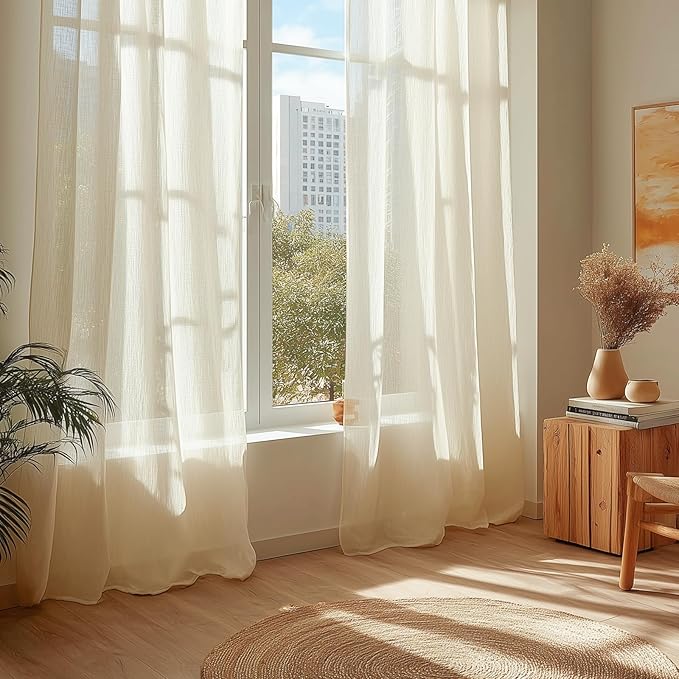 Dreaming Casa Ivory Sheer Curtains 84 Inches Long, Rod Pocket & Back Tab Light Filtering Textured Sheers for Living Room Bedroom, 2 Panels, Each 100" W x 84" L