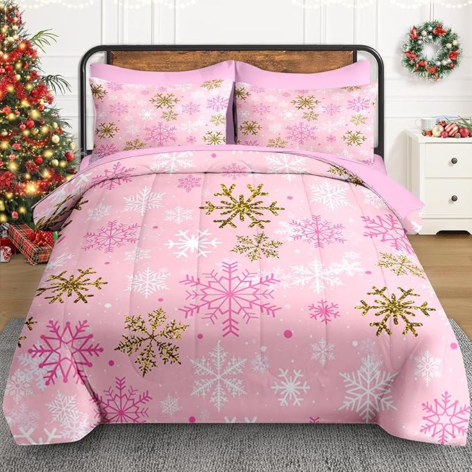 7 Pcs Full Size Christmas Comforter Set with 2 Pillowcases & 2 Shams, Pink Winter Snowflake Bedding for Kids and Adults, Funny Sparkle Farm Bed in a Bag with Flat Fitted Sheet