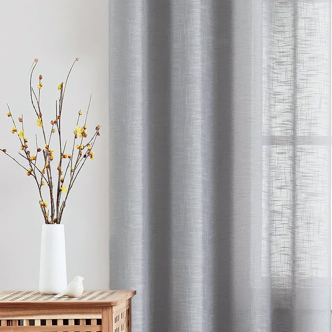 FMFUNCTEX Linen Semi Sheer Curtains 108 Inches Long for Living Room, Grey Pinch Pleated Curtains for Bedroom, Light Filtering Extra Long Farmhouse Window Drapes Rod Pocket Back Tab 2 Panels Set