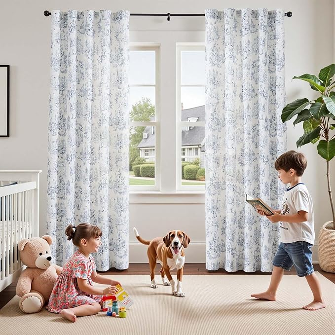 jinchan Linen Nursery Curtains 84 inch Long Woodland Wildlife Blue Print Drapes for Kid's Room Light Filtering French Country Farmhouse Curtains with Bunny and Forest Design Set of 2 Panels