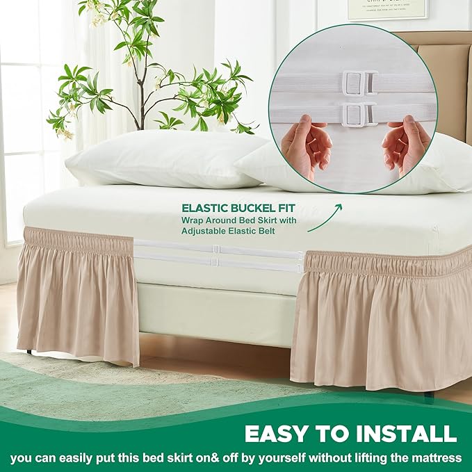 Biscaynebay Wrap Around Bed Skirts for Queen Beds 19" Long Drop, Sand Adjustable Elastic Dust Ruffles Easy Fit Wrinkle Resistant Silky Luxurious Fabric Machine Washable