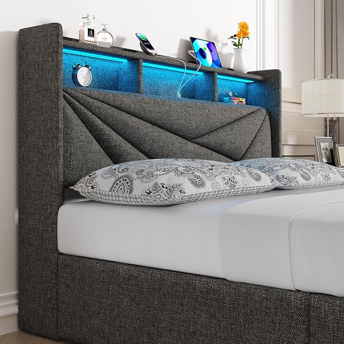 LED King Size Bed Frame with 4 Storage Drawers, Upholstered King Bed Frame with 2-Tier Headboard and Charging Station, No Box Spring Needed, Easy to Assembly - Dark Grey