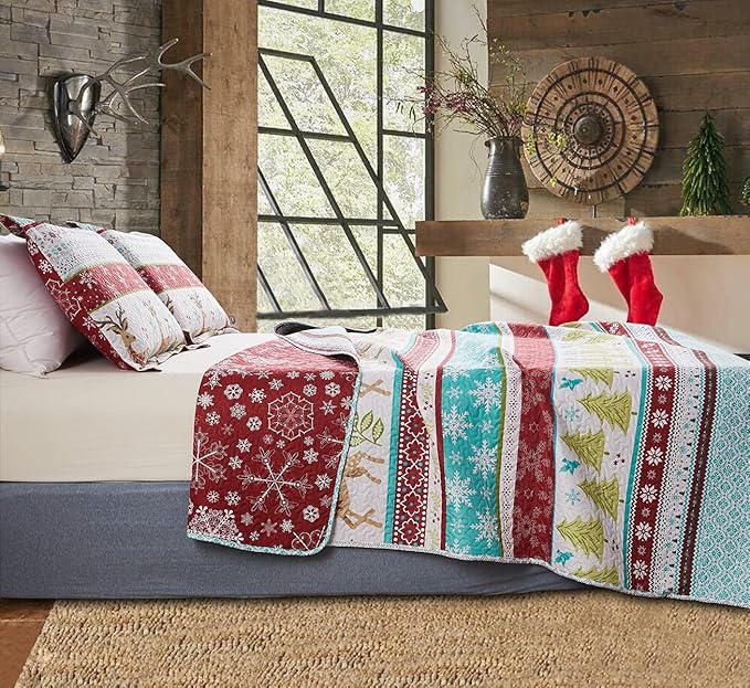 Jessy Home King Size Christmas Quilt Bedding Set: Rustic Lodge Deer Snowflake Cabin Home Holiday Decor Christmas Quilt Bedspread Coverlet