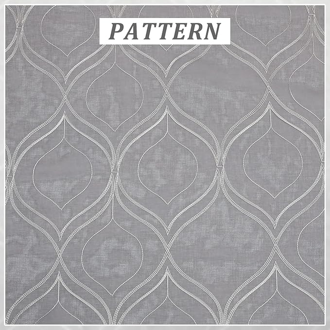 VISIONTEX White Sheer Curtains 108 Inches Long 2 Panels Set Grey Moroccan Embroidered Curtains Trellis French Textured Rod Pocket Voile Tulle Semi Window Drapes for Bedroom Living Room 54 x 108 Inch