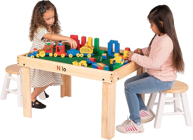 NILO Kids Play Table Set with 2 Compatible Lego Duplo Detachable Two-Sided Baseplates/Boards/Mats (N34 Activity Table Without Holes, 24x32x20 and 2X Green Base Plates 12x32)