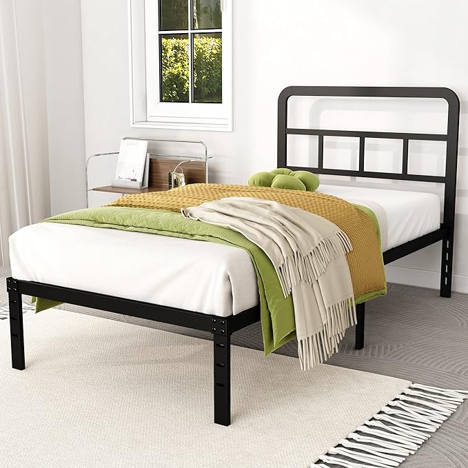14 Inch Twin XL Bed Frame with Headboard No Box Spring Needed Metal Platform Heavy Duty Steel Slat Mattress Foundation/Easy Assembly/Noise Free/Black